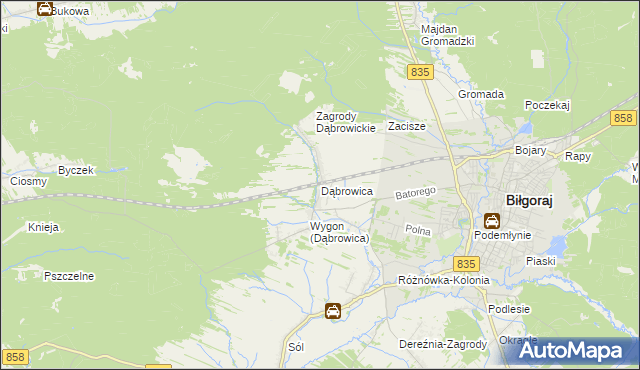 mapa Dąbrowica gmina Biłgoraj, Dąbrowica gmina Biłgoraj na mapie Targeo