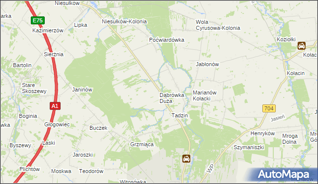 mapa Dąbrówka Duża gmina Brzeziny, Dąbrówka Duża gmina Brzeziny na mapie Targeo