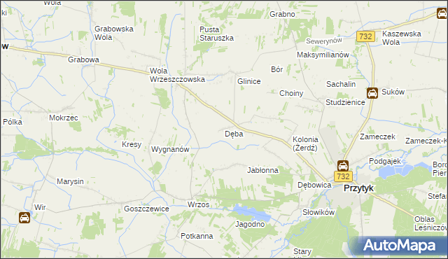 mapa Dęba gmina Przytyk, Dęba gmina Przytyk na mapie Targeo