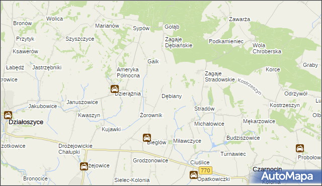 mapa Dębiany gmina Działoszyce, Dębiany gmina Działoszyce na mapie Targeo