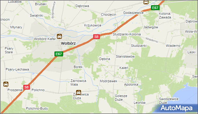 mapa Dębina gmina Wolbórz, Dębina gmina Wolbórz na mapie Targeo