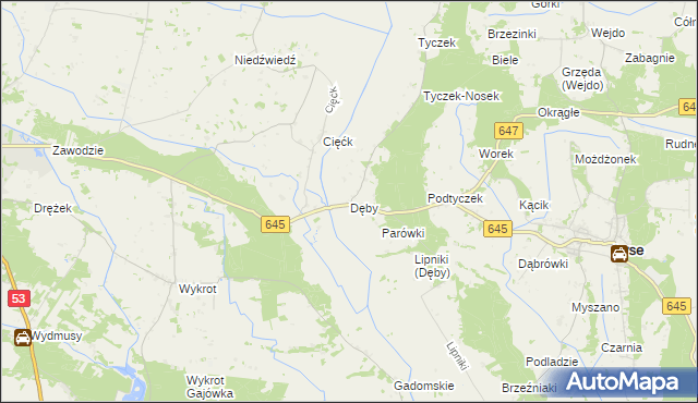 mapa Dęby gmina Łyse, Dęby gmina Łyse na mapie Targeo