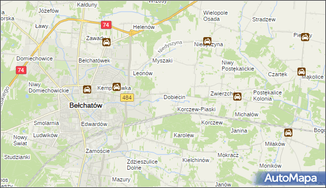 mapa Dobiecin gmina Bełchatów, Dobiecin gmina Bełchatów na mapie Targeo