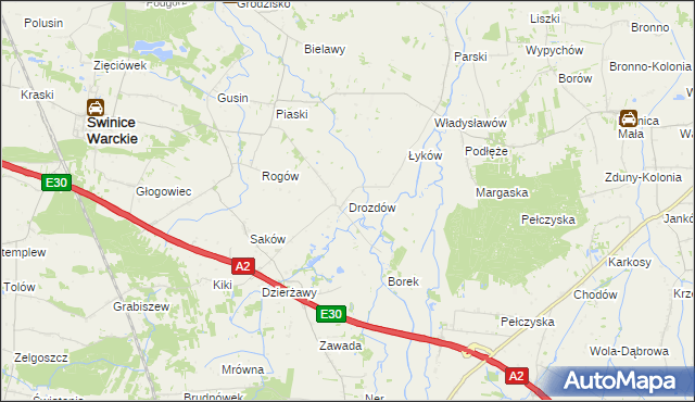 mapa Drozdów gmina Świnice Warckie, Drozdów gmina Świnice Warckie na mapie Targeo