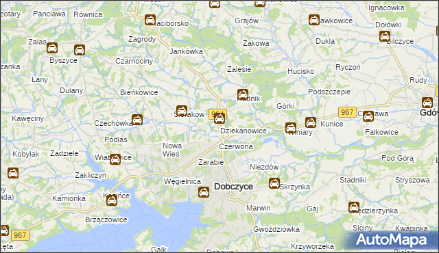 mapa Dziekanowice gmina Dobczyce, Dziekanowice gmina Dobczyce na mapie Targeo