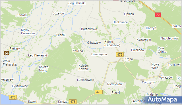 mapa Dzierzązna gmina Poddębice, Dzierzązna gmina Poddębice na mapie Targeo