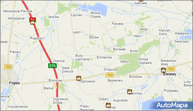 mapa Emilianów gmina Bielawy, Emilianów gmina Bielawy na mapie Targeo