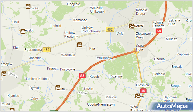 mapa Emilianów gmina Złoczew, Emilianów gmina Złoczew na mapie Targeo