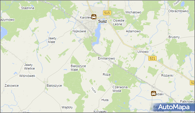 mapa Emilianowo gmina Susz, Emilianowo gmina Susz na mapie Targeo