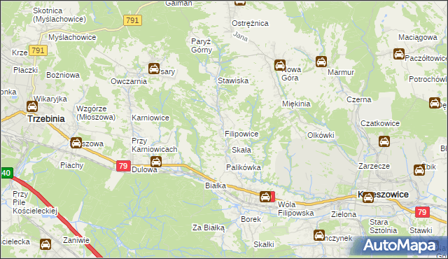 mapa Filipowice gmina Krzeszowice, Filipowice gmina Krzeszowice na mapie Targeo