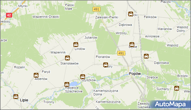mapa Florianów gmina Popów, Florianów gmina Popów na mapie Targeo