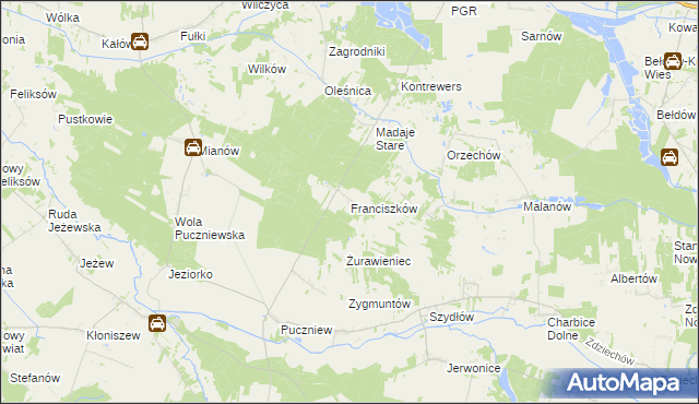 mapa Franciszków gmina Lutomiersk, Franciszków gmina Lutomiersk na mapie Targeo