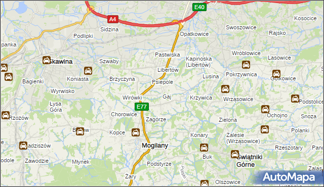 mapa Gaj gmina Mogilany, Gaj gmina Mogilany na mapie Targeo