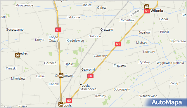 mapa Gawrony gmina Łęczyca, Gawrony gmina Łęczyca na mapie Targeo