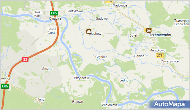 mapa Głęboka gmina Trzebiechów, Głęboka gmina Trzebiechów na mapie Targeo