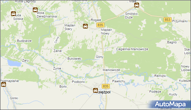 mapa Gliny gmina Księżpol, Gliny gmina Księżpol na mapie Targeo