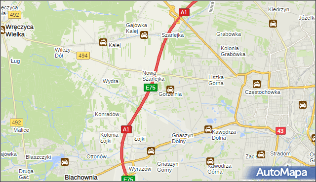 mapa Gorzelnia gmina Blachownia, Gorzelnia gmina Blachownia na mapie Targeo