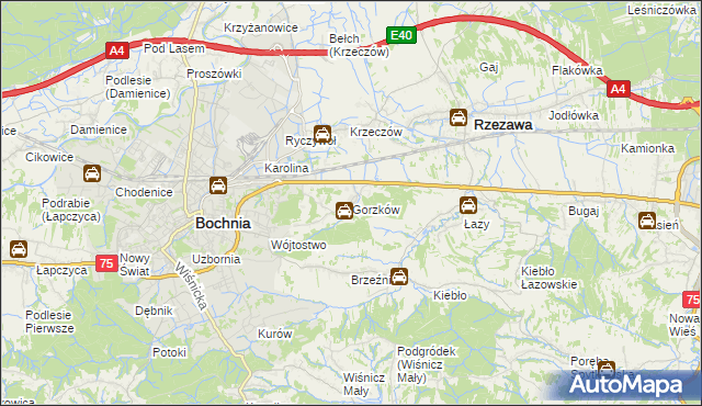 mapa Gorzków gmina Bochnia, Gorzków gmina Bochnia na mapie Targeo