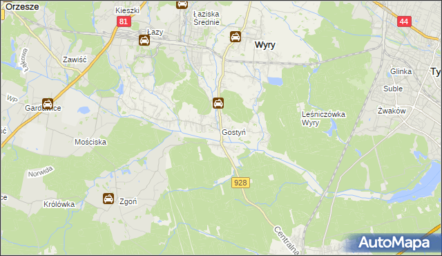 mapa Gostyń gmina Wyry, Gostyń gmina Wyry na mapie Targeo