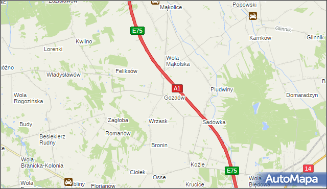 mapa Gozdów gmina Stryków, Gozdów gmina Stryków na mapie Targeo