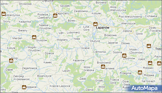 mapa Grabie gmina Łapanów, Grabie gmina Łapanów na mapie Targeo