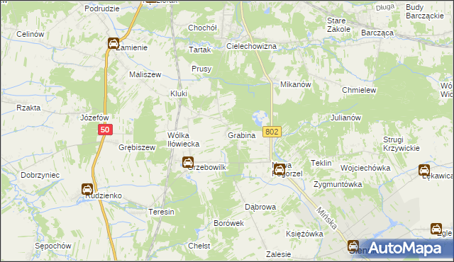 mapa Grabina gmina Mińsk Mazowiecki, Grabina gmina Mińsk Mazowiecki na mapie Targeo