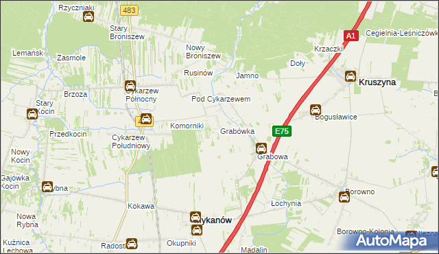 mapa Grabówka gmina Mykanów, Grabówka gmina Mykanów na mapie Targeo