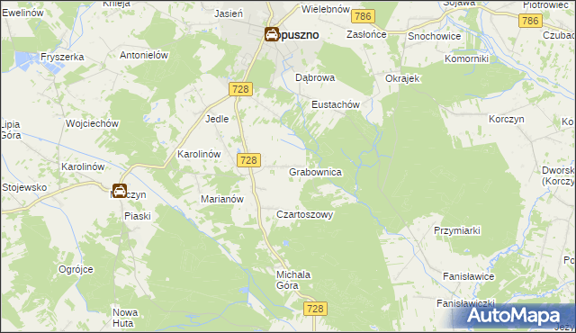 mapa Grabownica gmina Łopuszno, Grabownica gmina Łopuszno na mapie Targeo