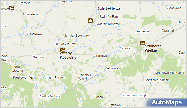 mapa Grabowo gmina Zaręby Kościelne, Grabowo gmina Zaręby Kościelne na mapie Targeo