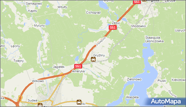 mapa Gryźliny gmina Stawiguda, Gryźliny gmina Stawiguda na mapie Targeo