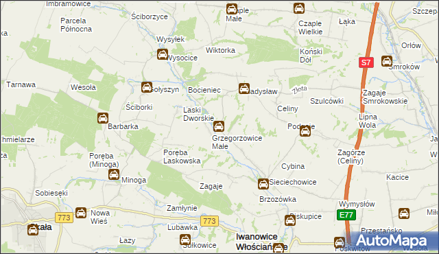 mapa Grzegorzowice Wielkie, Grzegorzowice Wielkie na mapie Targeo