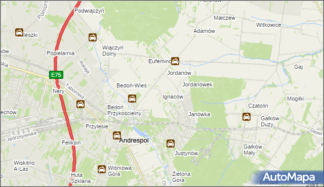 mapa Ignaców gmina Brzeziny, Ignaców gmina Brzeziny na mapie Targeo