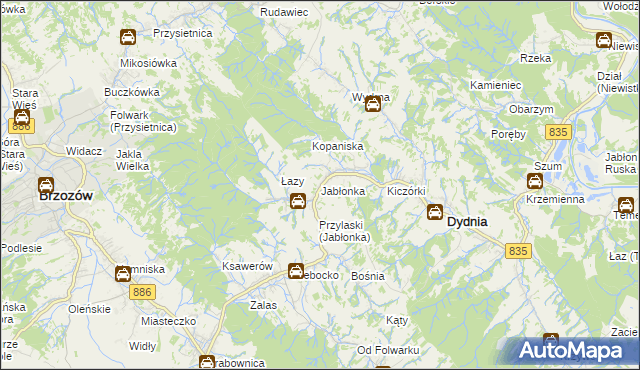 mapa Jabłonka gmina Dydnia, Jabłonka gmina Dydnia na mapie Targeo