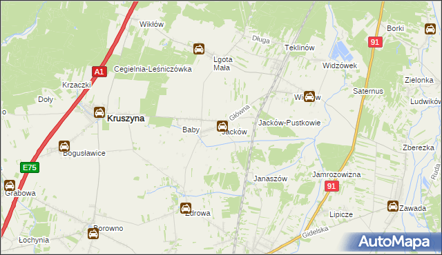 mapa Jacków gmina Kruszyna, Jacków gmina Kruszyna na mapie Targeo