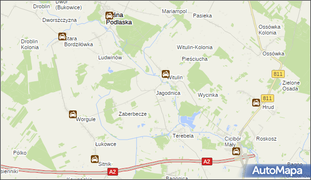 mapa Jagodnica gmina Leśna Podlaska, Jagodnica gmina Leśna Podlaska na mapie Targeo