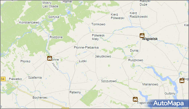 mapa Jakubkowo gmina Radomin, Jakubkowo gmina Radomin na mapie Targeo