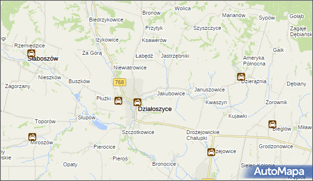 mapa Jakubowice gmina Działoszyce, Jakubowice gmina Działoszyce na mapie Targeo