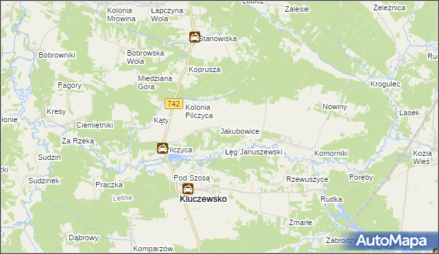 mapa Jakubowice gmina Kluczewsko, Jakubowice gmina Kluczewsko na mapie Targeo