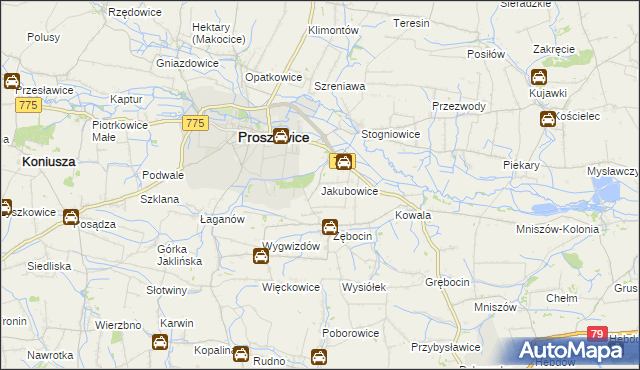 mapa Jakubowice gmina Proszowice, Jakubowice gmina Proszowice na mapie Targeo