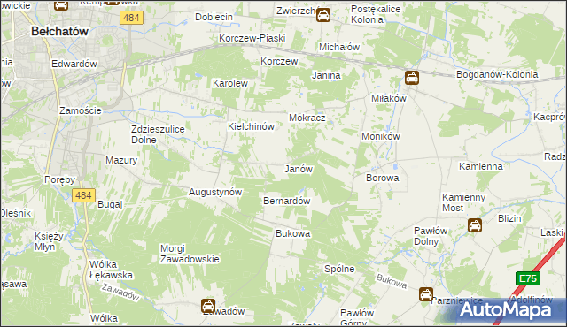 mapa Janów gmina Bełchatów, Janów gmina Bełchatów na mapie Targeo