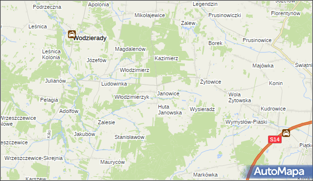 mapa Janowice gmina Pabianice, Janowice gmina Pabianice na mapie Targeo