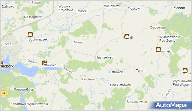 mapa Jastrzębiec gmina Więcbork, Jastrzębiec gmina Więcbork na mapie Targeo