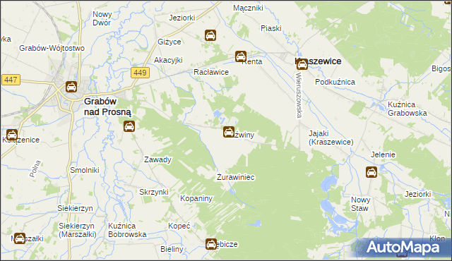 mapa Jaźwiny gmina Kraszewice, Jaźwiny gmina Kraszewice na mapie Targeo