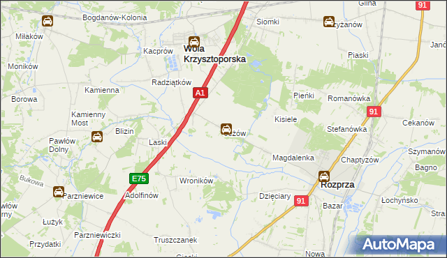 mapa Jeżów gmina Wola Krzysztoporska, Jeżów gmina Wola Krzysztoporska na mapie Targeo