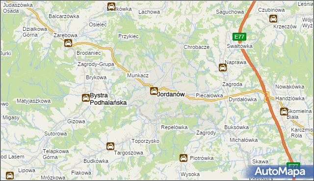 mapa Jordanów powiat suski, Jordanów powiat suski na mapie Targeo