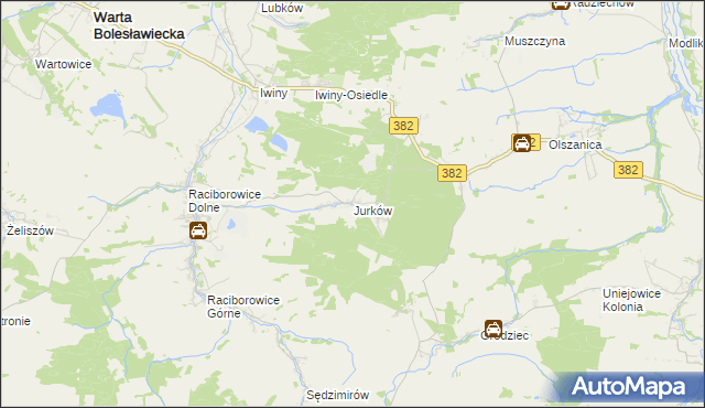 mapa Jurków gmina Warta Bolesławiecka, Jurków gmina Warta Bolesławiecka na mapie Targeo