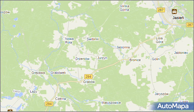 mapa Jurzyn gmina Jasień, Jurzyn gmina Jasień na mapie Targeo