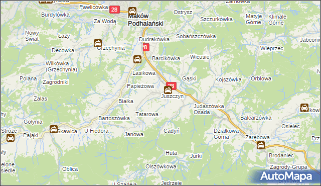 mapa Juszczyn gmina Maków Podhalański, Juszczyn gmina Maków Podhalański na mapie Targeo