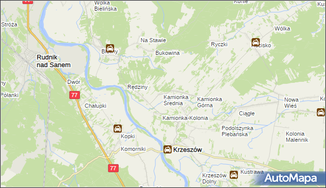 mapa Kamionka Średnia, Kamionka Średnia na mapie Targeo