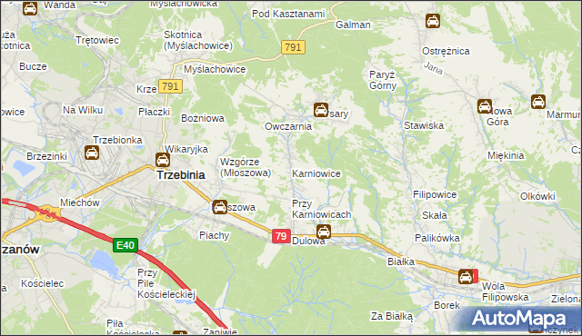 mapa Karniowice gmina Trzebinia, Karniowice gmina Trzebinia na mapie Targeo